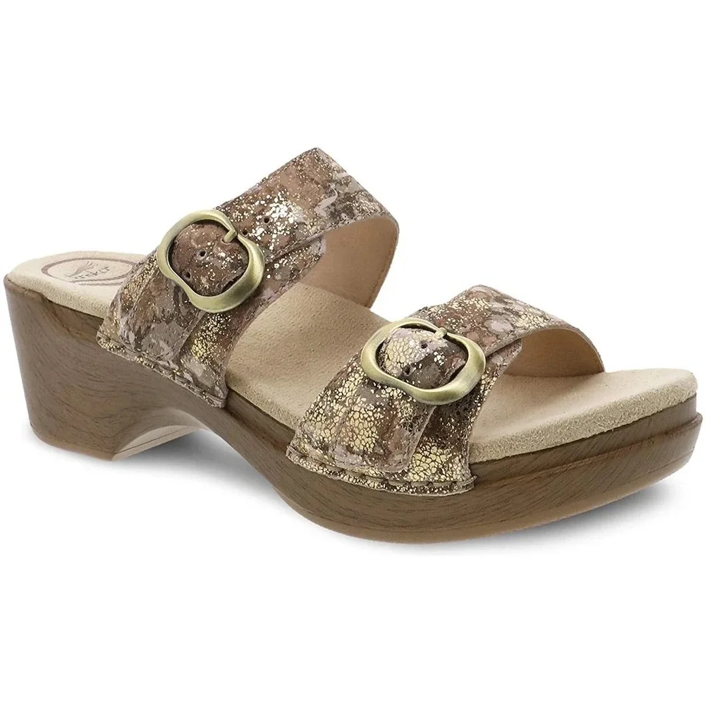 Dansko Sophie Gold Metallic Floral Leather Wedge Slide Sandals Women 39 EU 8.5-9